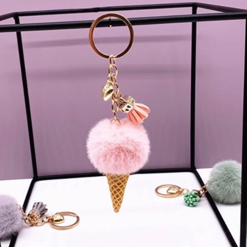 Soft Faux Fur Keychain Ice Cream Plush Key Ring Key Fobs Car Key for Women Girls - Picture 3 of 3